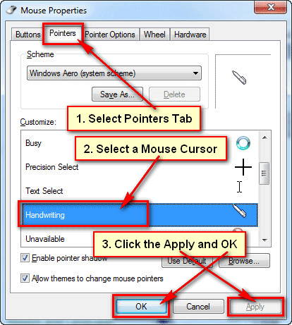 How to change cursor on Windows 7