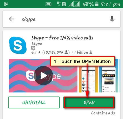 Open Skype on Android Mobile from Google Play Store