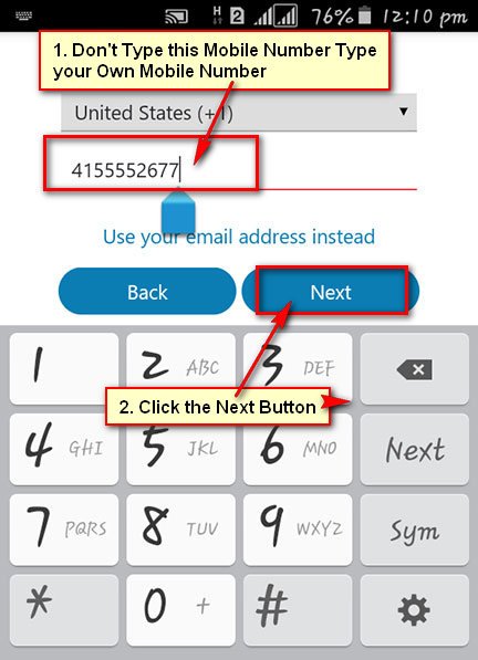 Type Mobile Number for Skype New Account