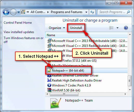 Uninstall Notepad ++ on Windows 7