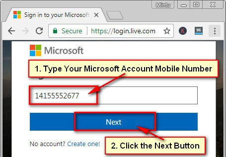 Microsoft Account Sign In using your Mobile Number