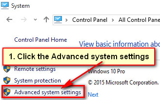 Advanced system settings in Windows 10