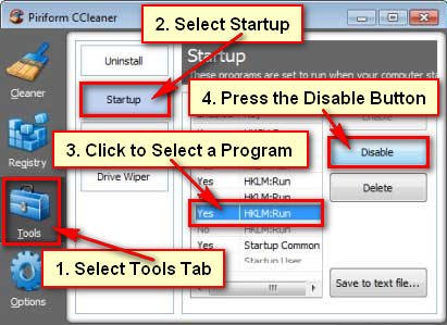 Disable Startup Programs in CCleaner